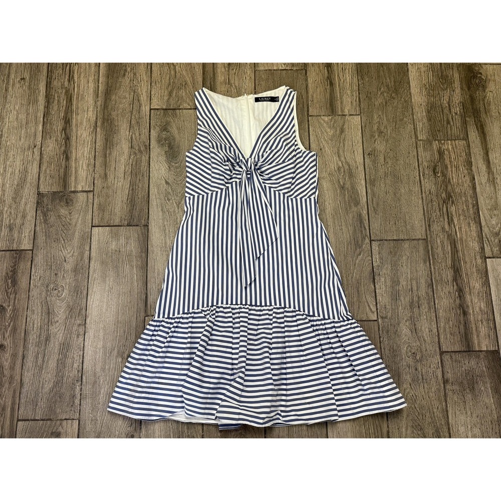 Lauren Ralph Lauren Dress Womens 6 Blue Striped V Neck Fit Flare Sundress Ruffle